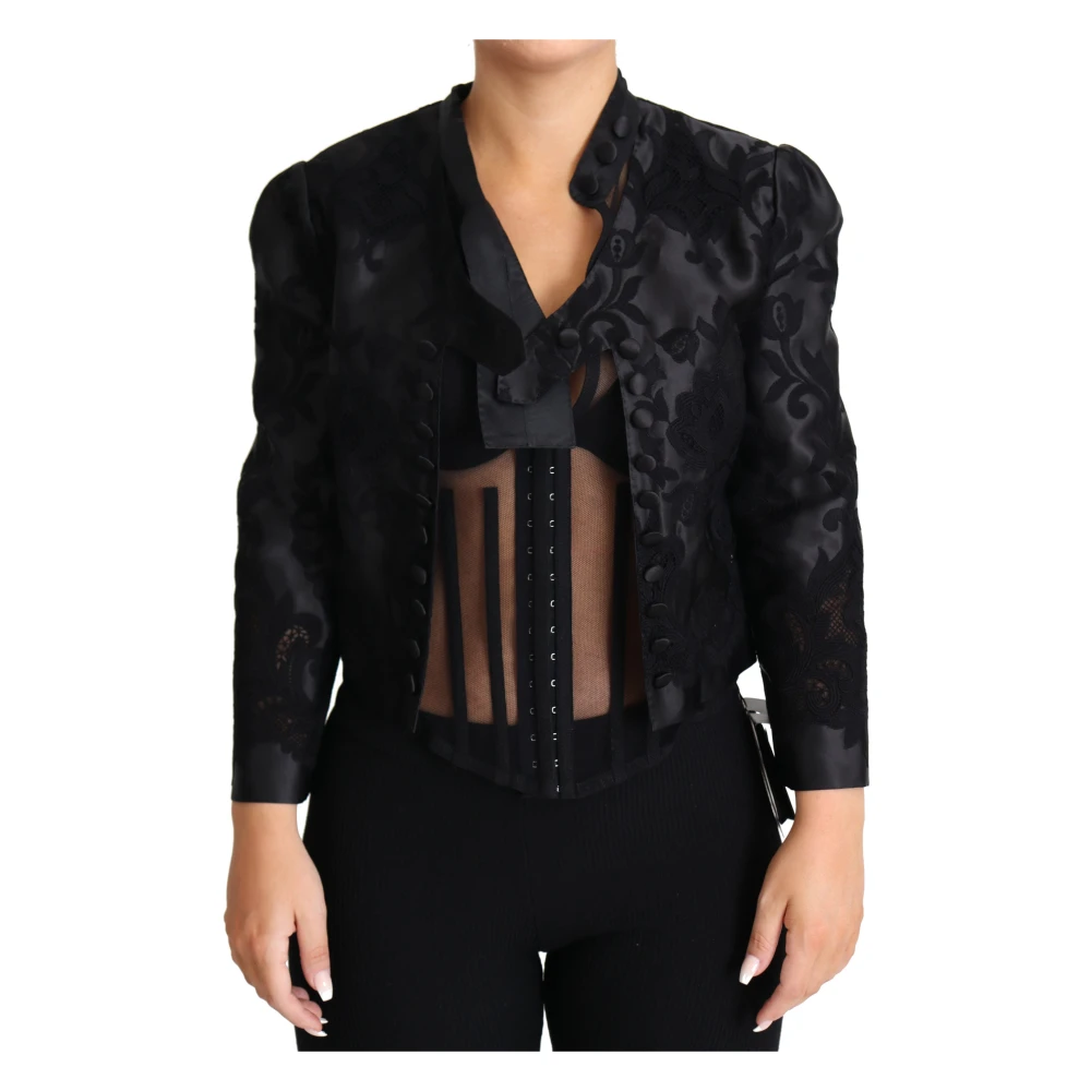 Dolce & Gabbana Damen Schwarz Sheer Lace Corset Seidenjacke