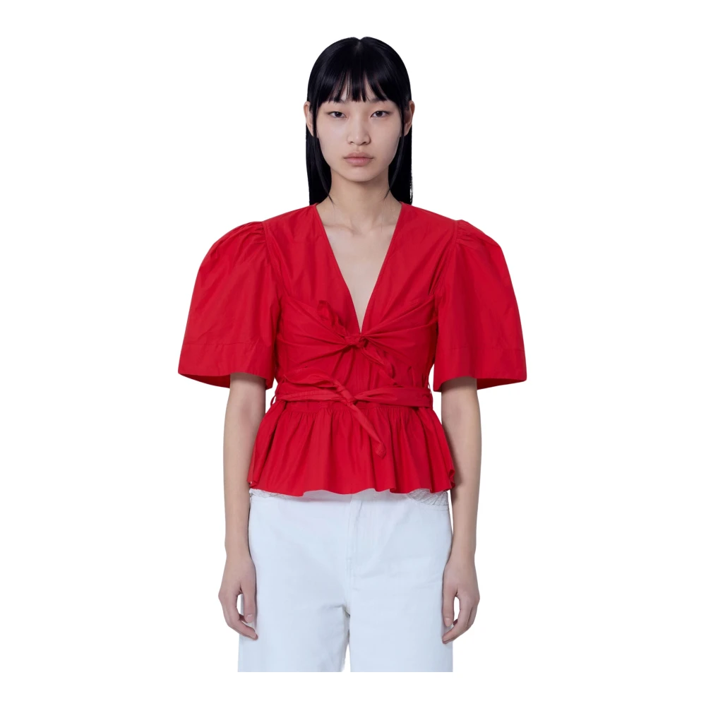 Ganni Donna Rosso - Cotton Poplin Bow Blouse, Size: Fr - 40 - Immagine 4