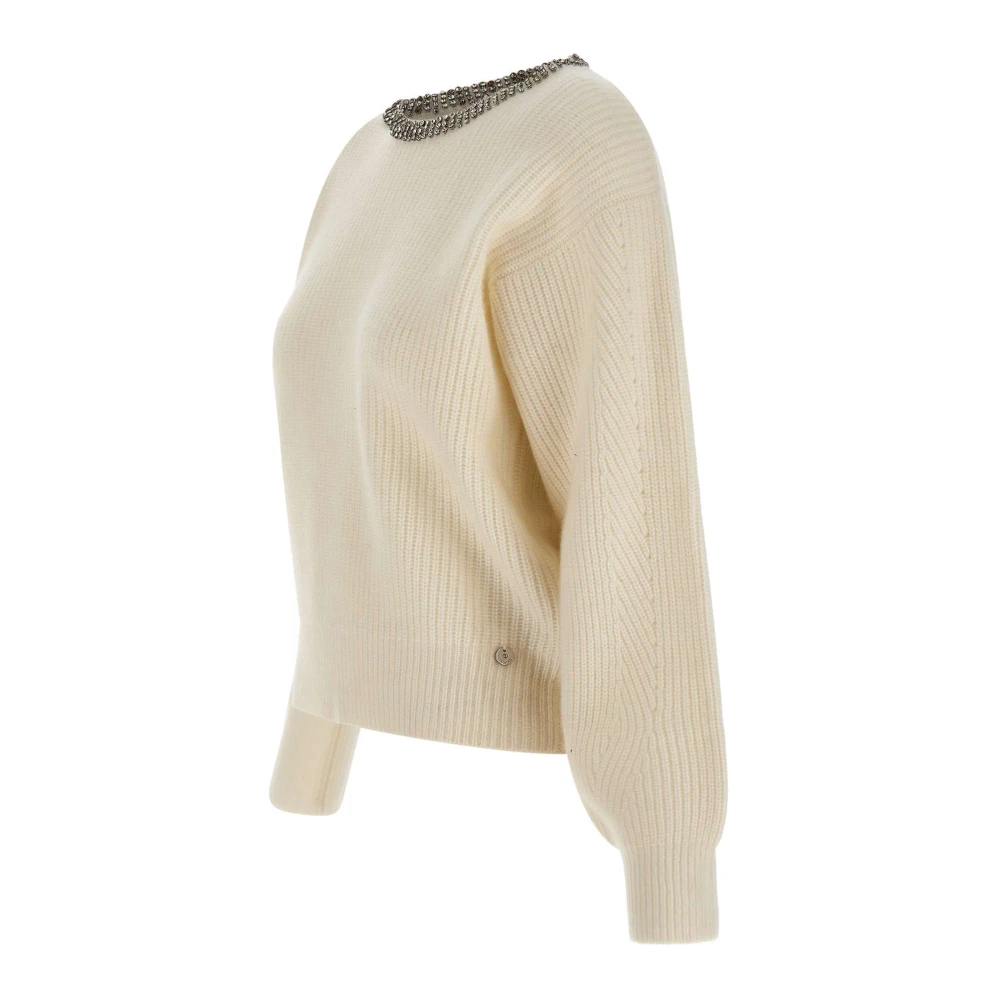 Liu Jo Witte Geribbelde Wollen Trui met Strass White Dames