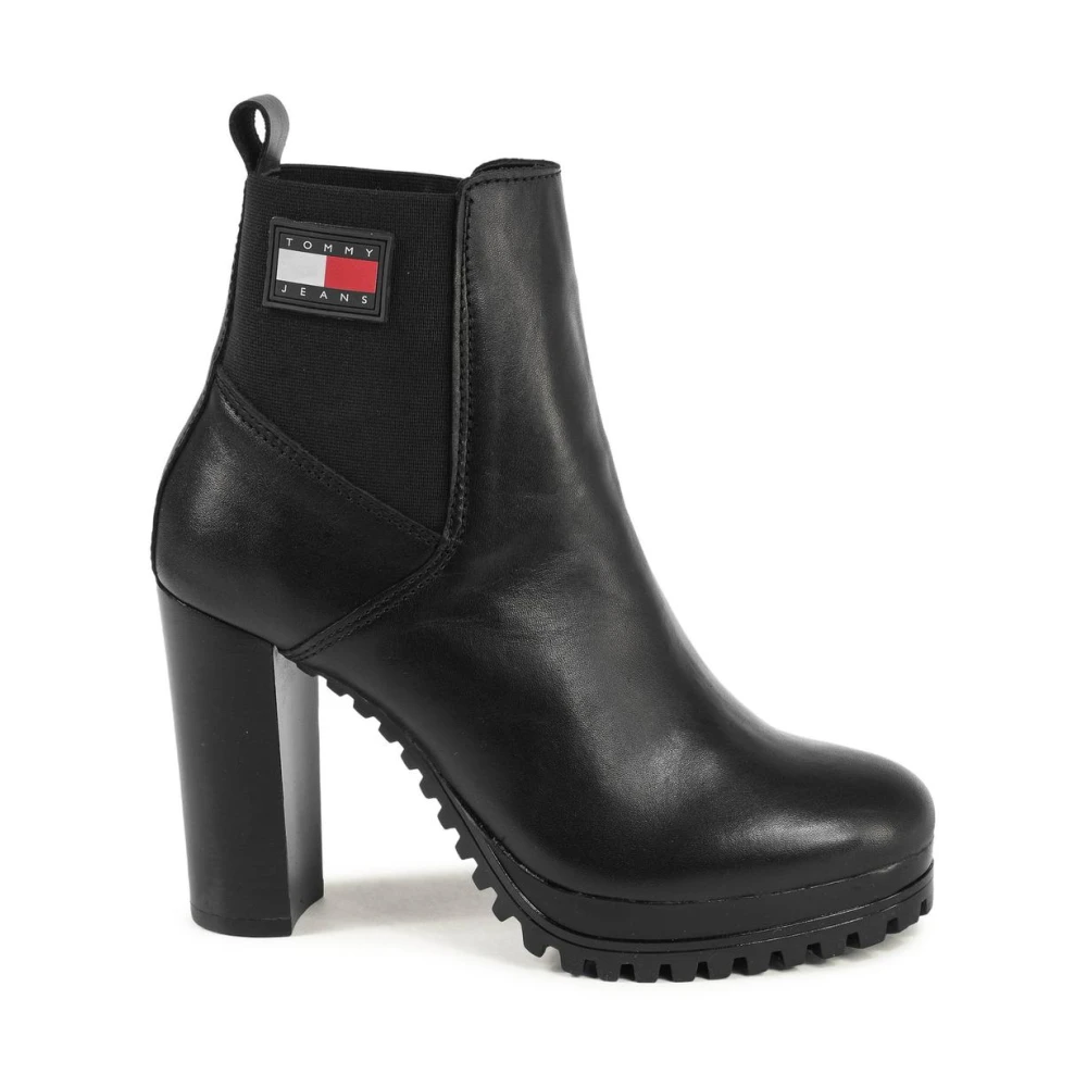 Tommy Hilfiger Women's Black Leather Ankle Boots Block Heel