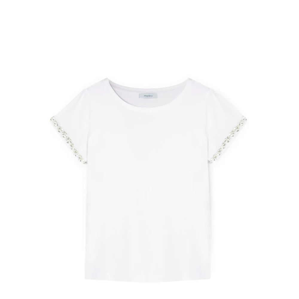 Motivi T-shirt met kristalversierde mouwen White Dames