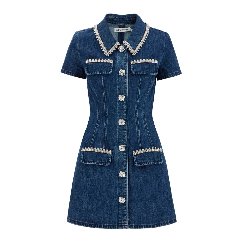 Self Portrait Denim overhemd-stijl mini-jurk met kristallen Blue Dames