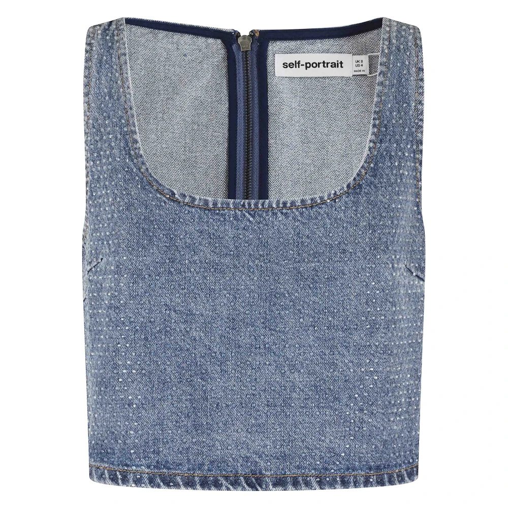 Self Portrait Women's Blue Sleeveless Tops, S, Rhinestone Denim Crop Top