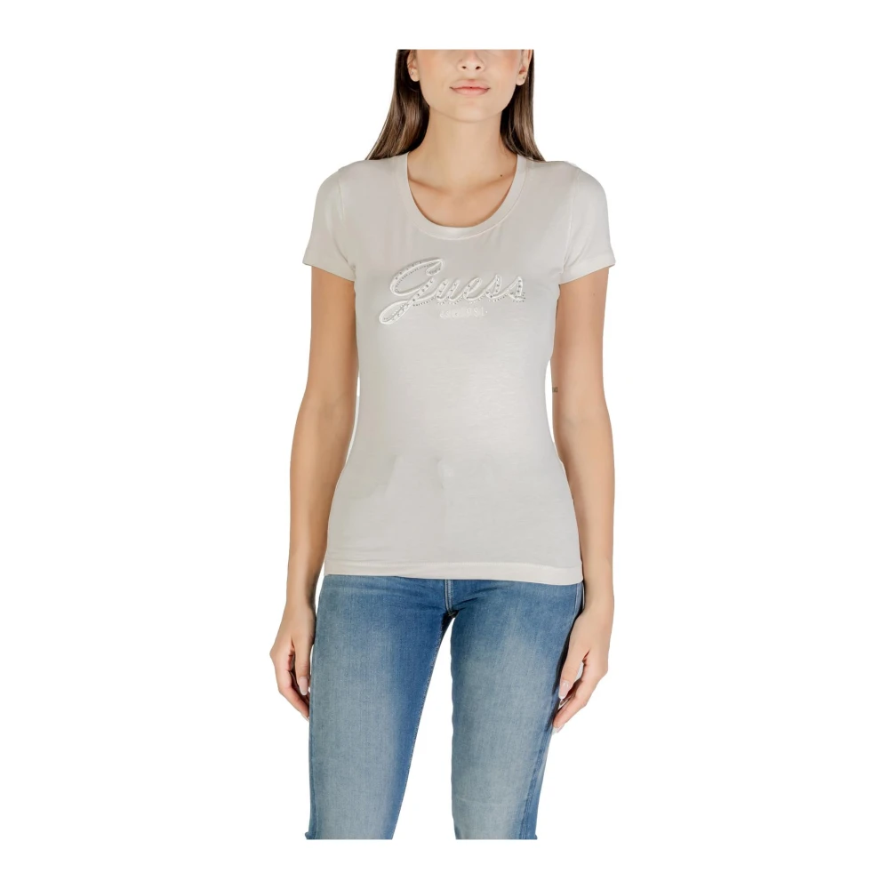 Guess Women's Beige T-Shirts, M, Sparkling Rhinestone Round Neck T-Shirt