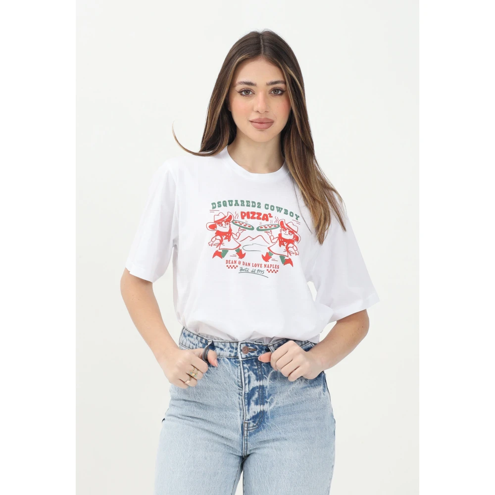 Dsquared2 Cowboy Pizza Grafische Wit T-shirt White Dames