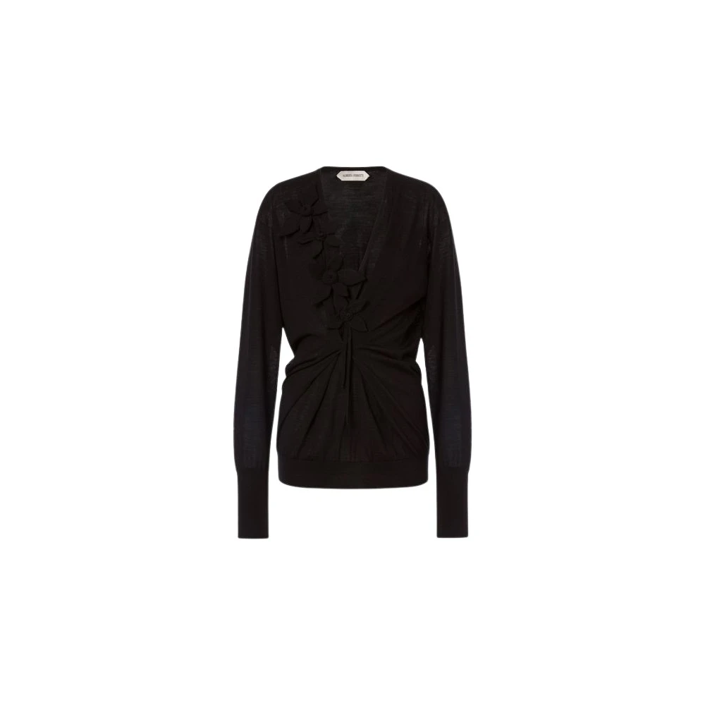Alberta Ferretti Black Draped Long-Sleeved Merino Cashmere Jumper - Female - V-Neck Knitwear - Xl - Knitwear