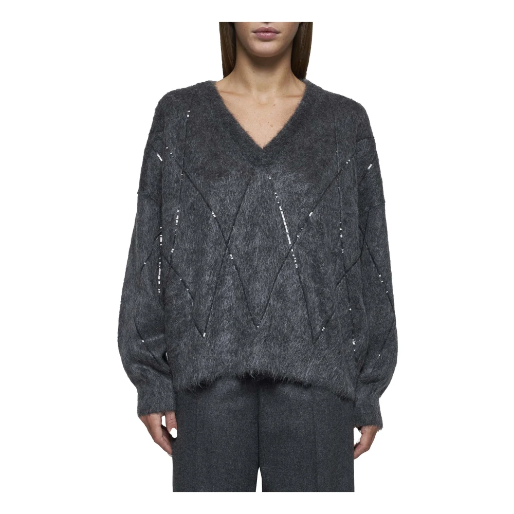 BRUNELLO CUCINELLI Grijze Sequins Argyle Sweater Gray Dames