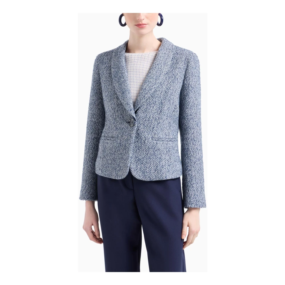 Emporio Armani Blauwe Tweed Jacquard Chevron Jas Blue Dames