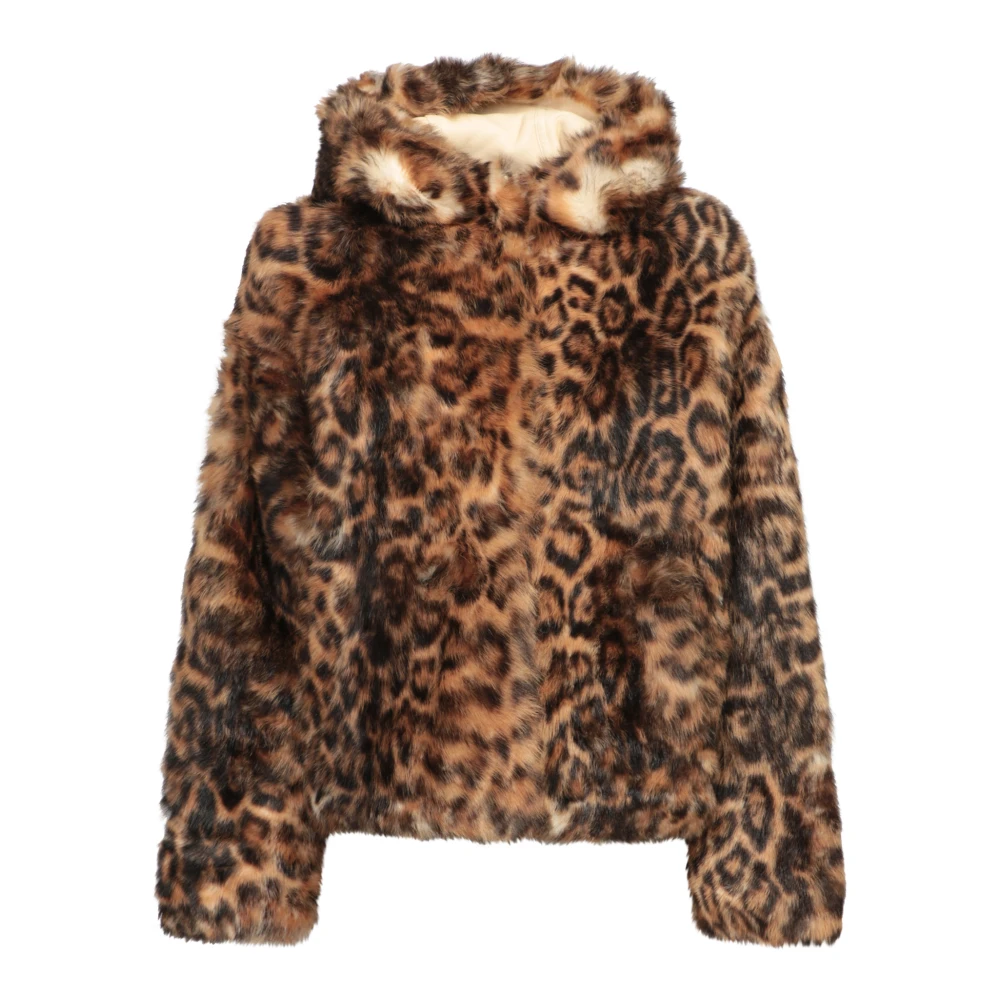 Yves Salomon Luipaard Schapenvacht Hoodie Jas Brown Dames