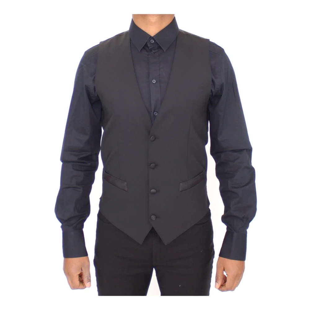 Dolce & Gabbana Men's Black Suit Vests,, Silk Wool Dress Vest With Logo Details Extra Small