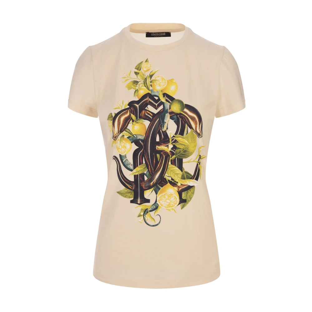 Roberto Cavalli T-shirt met citroen- en slangprint White Dames