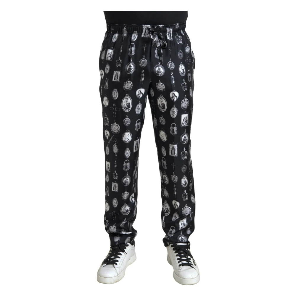 Dolce & Gabbana Elegante zijden joggers met religieuze print Black Heren