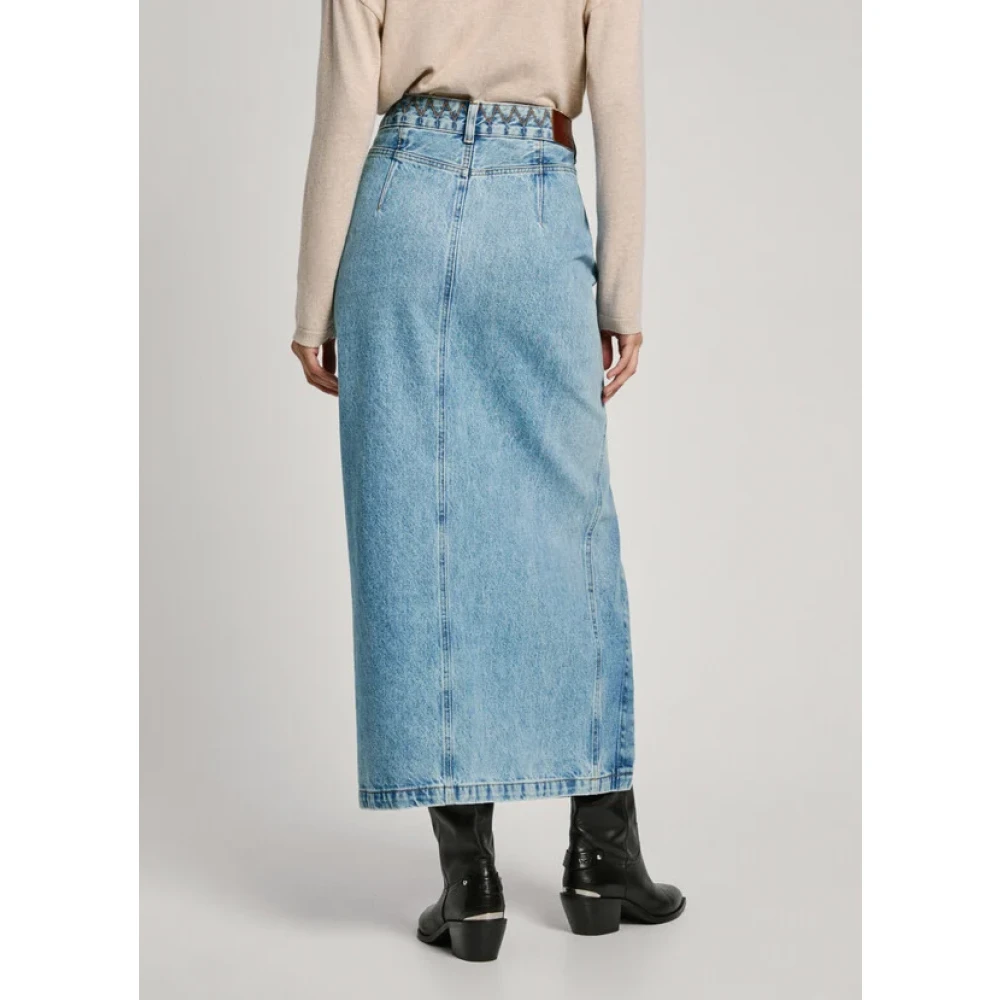 Pepe Jeans Denim Midi Rok met Borduursel Blue Dames