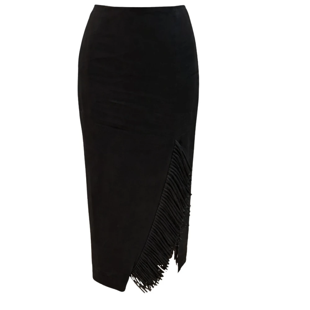 Simona Corsellini Black Midi Skirts, Female, S, Gonna Midi Effetto Lino Con Frange E Spacco Laterale