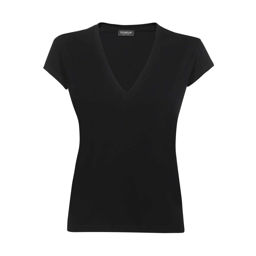 Dondup Geribbeld V-Hals T-Shirt Black Dames