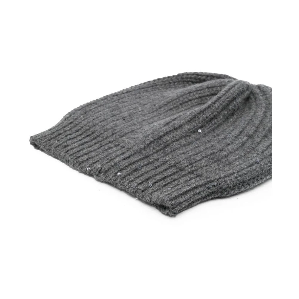 BRUNELLO CUCINELLI Grijze Cashmere en Zijden Geribbelde Sjaal met Geborduurde Pailletten Gray Dames