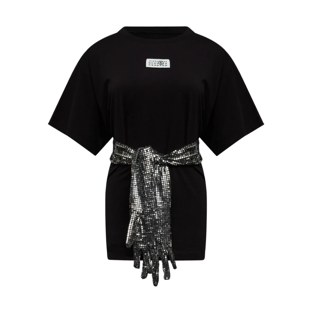 Mm6 Maison Margiela Women's Black T-Shirts, Xs, Sequin Embellished Belted T-Shirt
