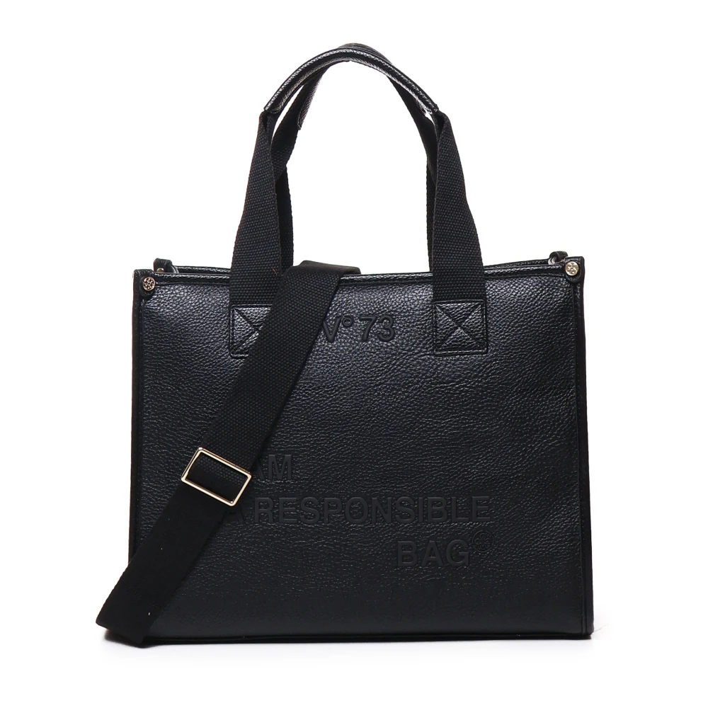 V73 Zwarte Ecoleer Tas met Gemengde Stof Handvatten Black Dames