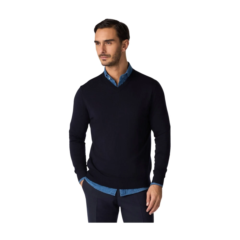Brooks Brothers Men's Blue V-Neck Merino Wool Jumper - V-Neck Knitwear - L - Knitwear