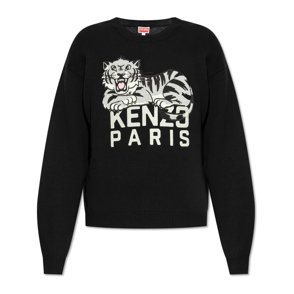 Kenzo Men's Black Round-Neck Knitwear, Xl, Jumper With Embroidered Logo