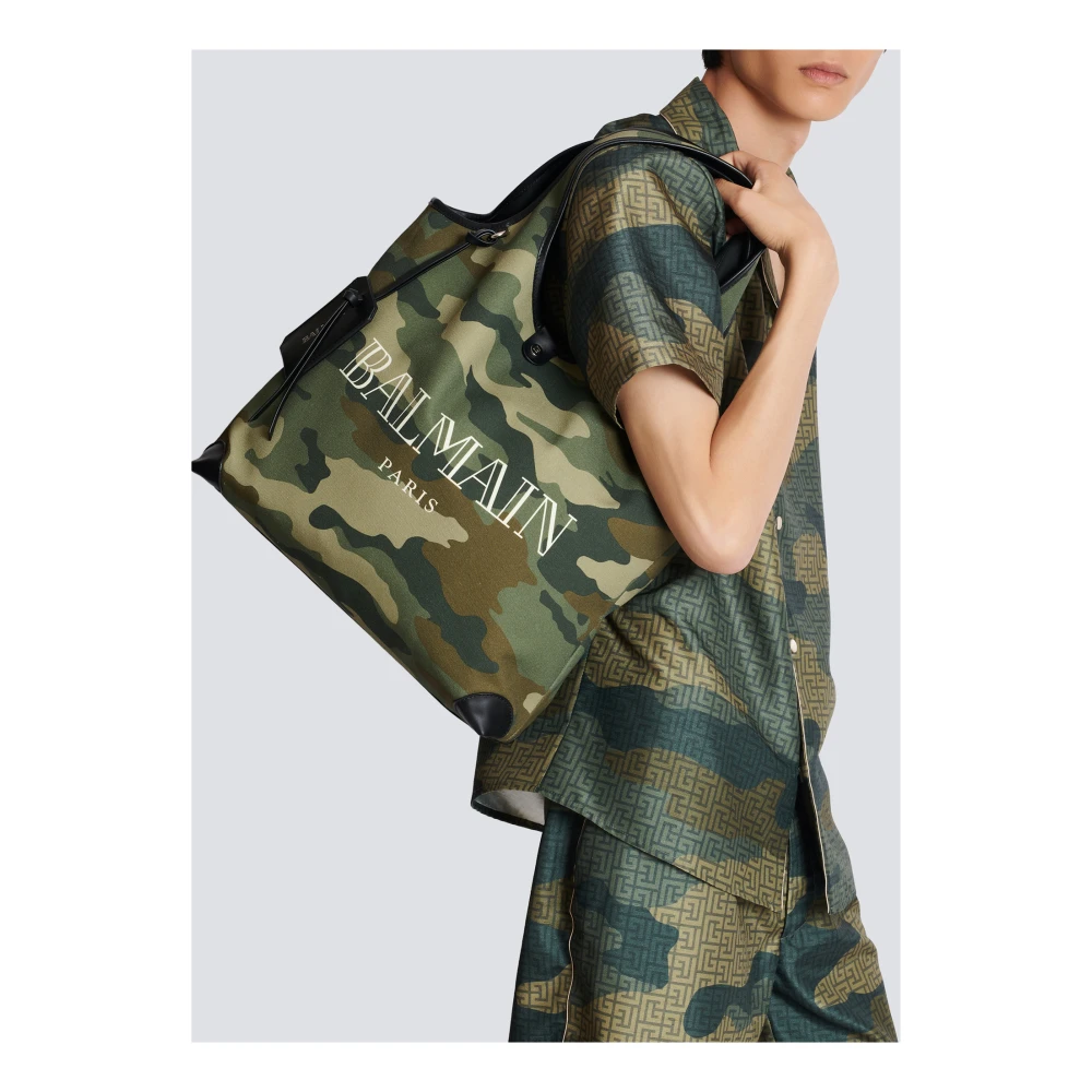 Balmain Camouflage canvas B-Leger Boodschappentas met vintage logo Green Heren