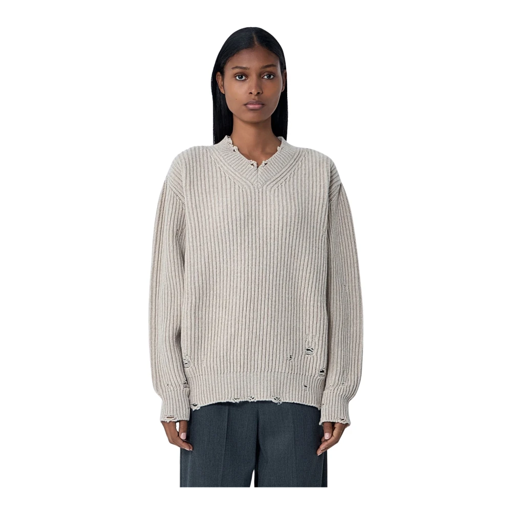 Mm6 Maison Margiela Women's Beige Distressed Jumper - V-Neck Knitwear - S - Knitwear