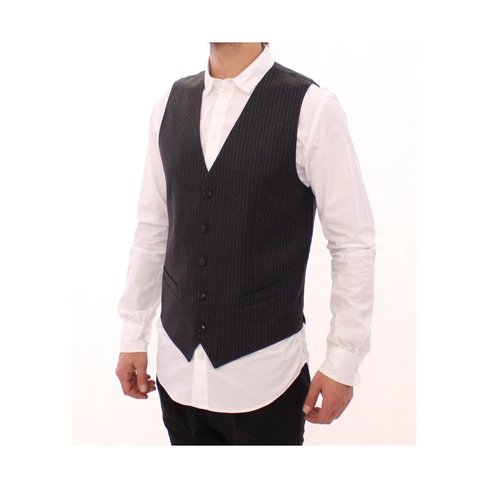 Dolce & Gabbana Grijze Gestreepte Jurk Vest met Logo Gray Heren