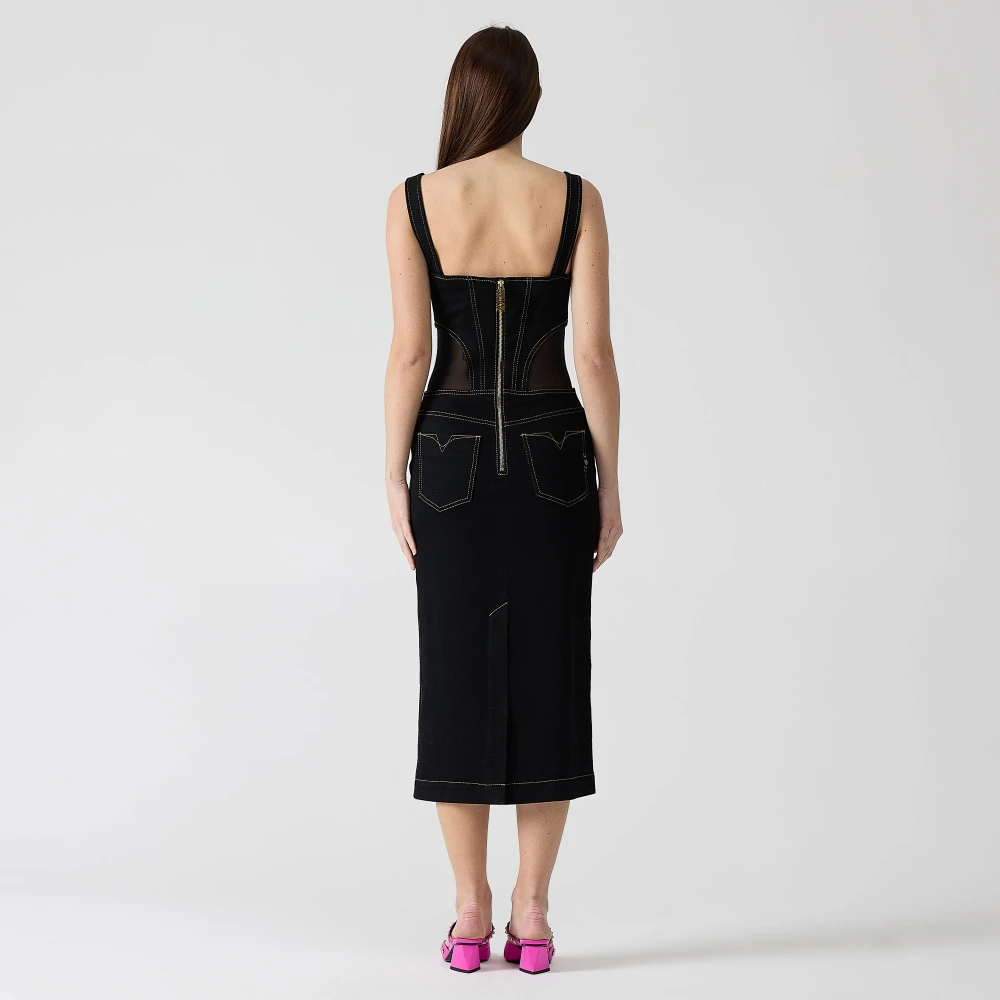 Versace Jeans Couture Denim midi jurk met tule details Black Dames