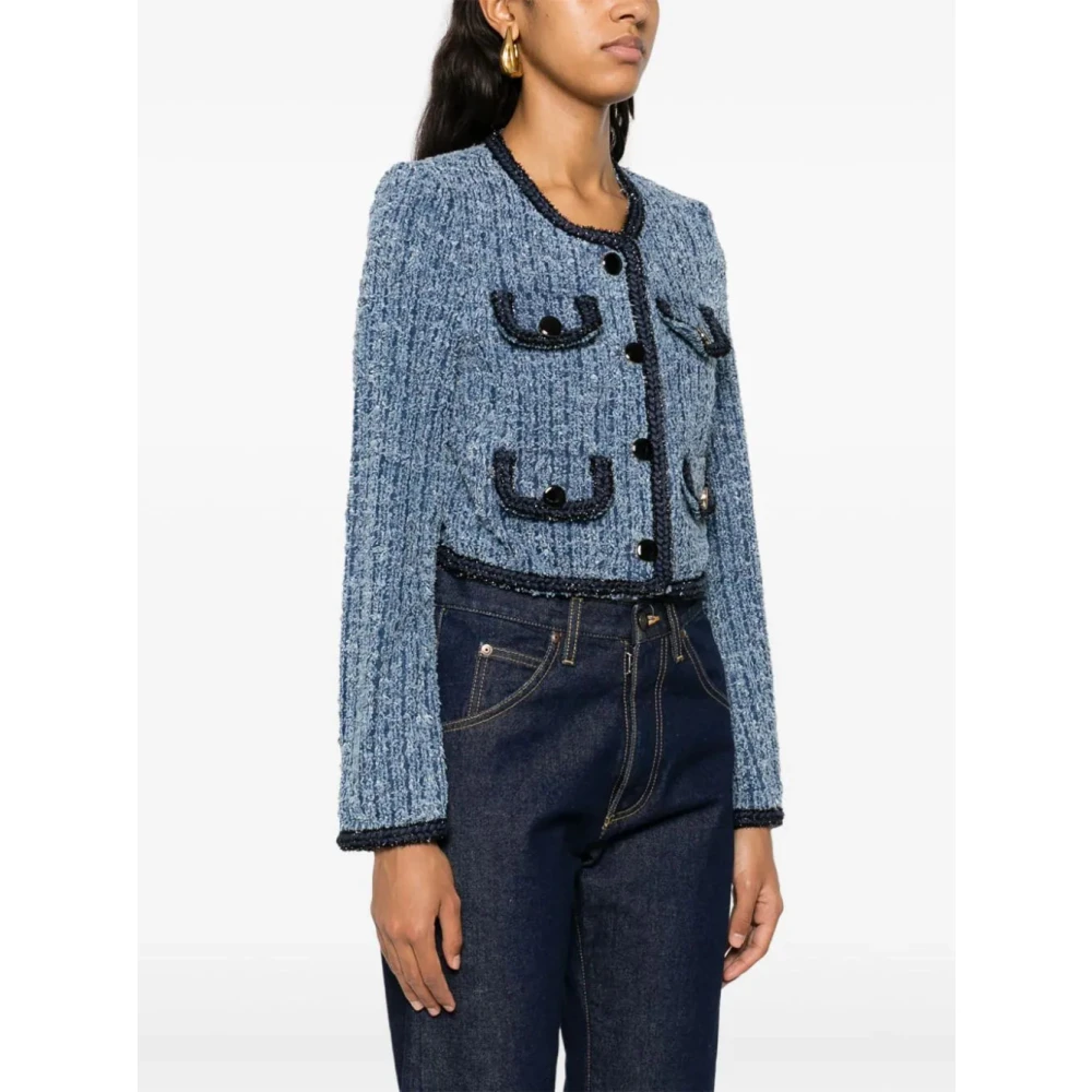 Self Portrait Navy Blauw Gescheurde Denim Korte Jas Blue Dames