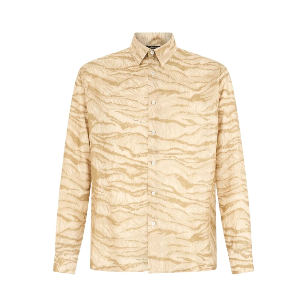 Roberto Cavalli Men's Beige Tiger Skin Print Silk Shirt