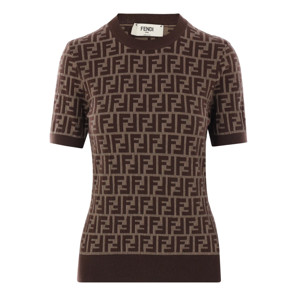 Fendi Women's Brown Round-Neck Knitwear, 2XS, Jacquard Knit Jumper
