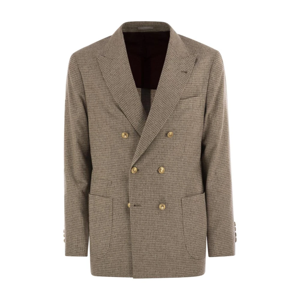 Brunello Cucinelli Men's Beige Blazers, Xl, Double-Breasted Houndstooth Blazer