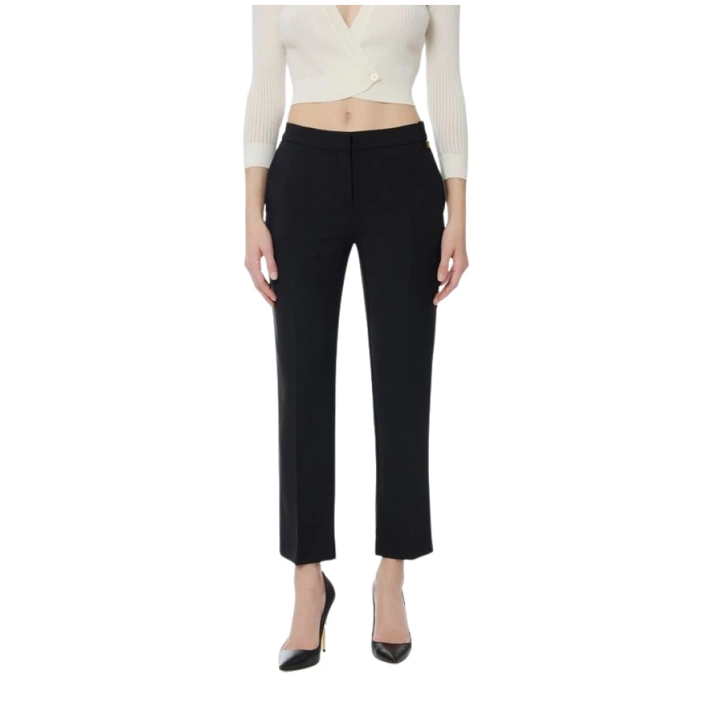 Elisabetta Franchi Black Lightweight Crepe Trousers With Logo Charm - Female - Cropped Trousers - S - Trousers