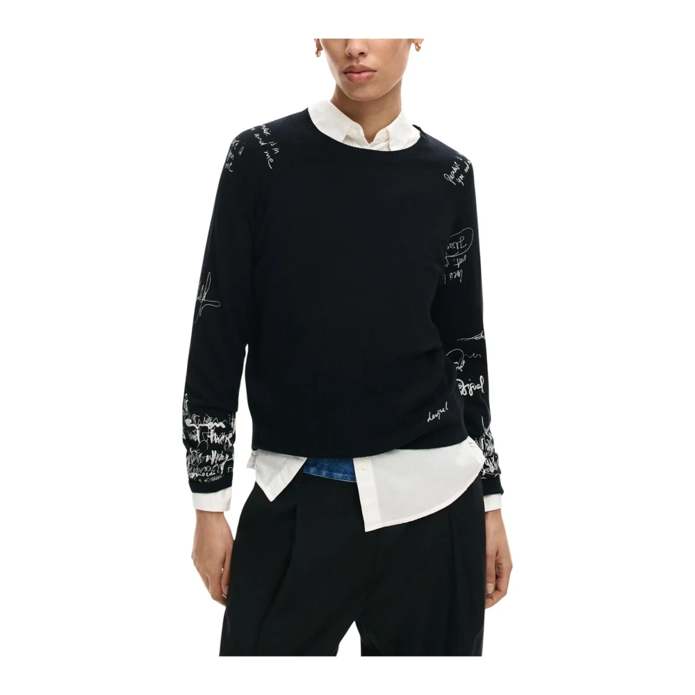 Desigual Women's Black Printed Long Sleeve Round Neck Knitwear