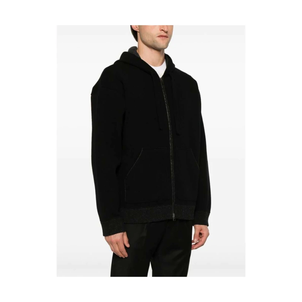 Roberto Collina Zwarte Merinowolmix Rits Hoodie Black Heren