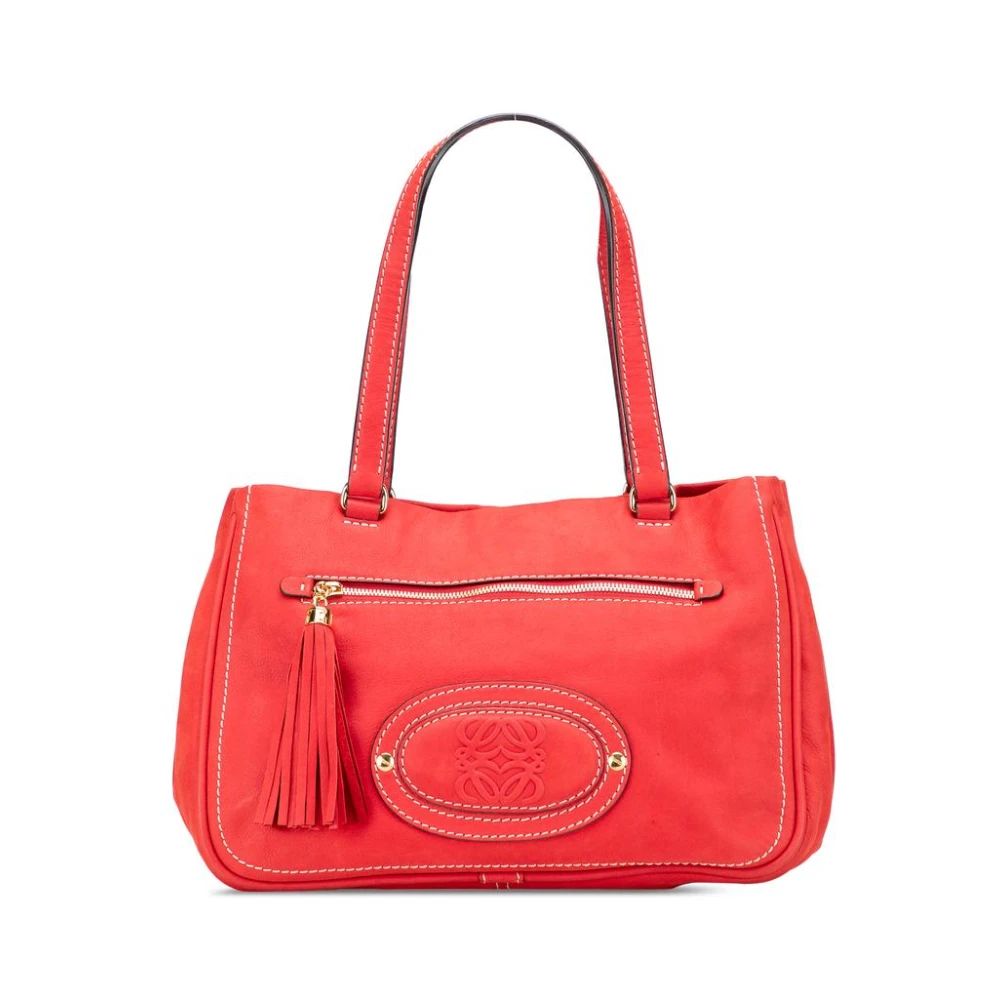 Loewe Pre-Owned Women's Red Vintage Shoulder Bags, One Size, Pre-Owned Leather Tote Bag With Tassel Accent And Zip Closure
