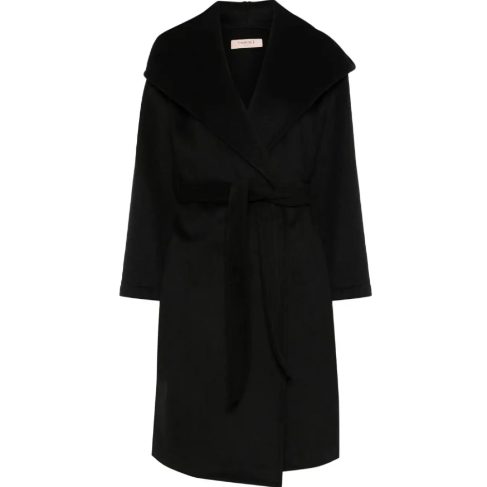 Twinset Zwarte jas met capuchon en riem Black Dames