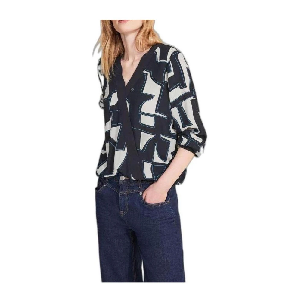 Street One Abstract Print Wrap Blouse Lange Mouw Blue Dames
