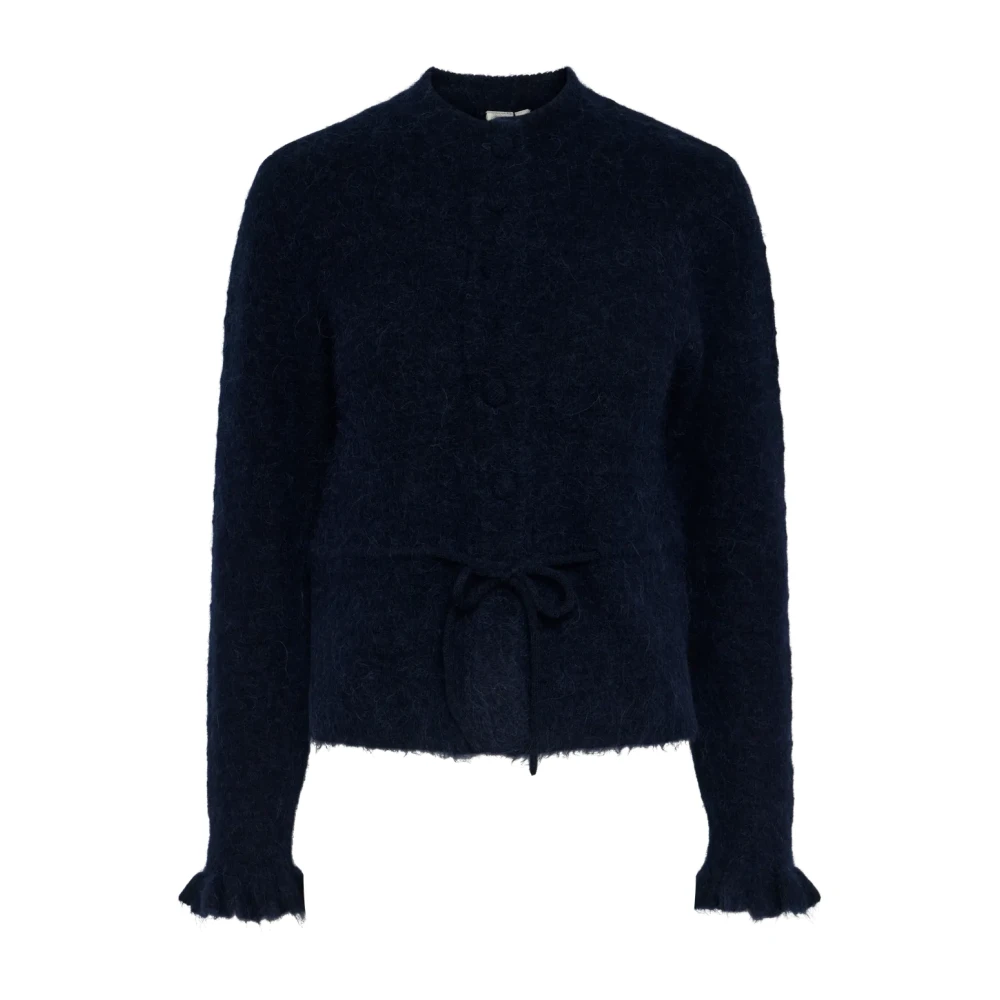 Navy Blazer Strikkejakke med Rysjekant