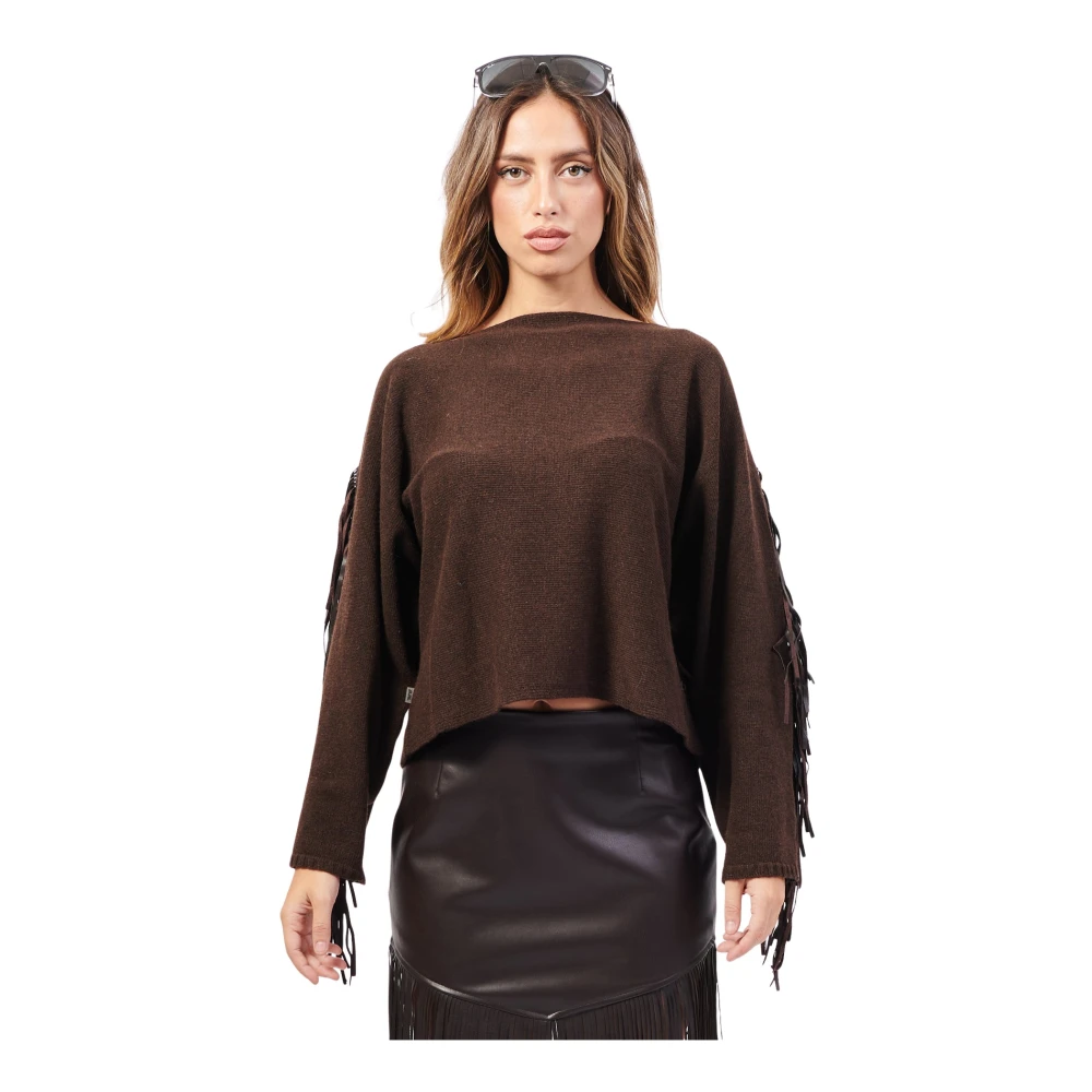 Jijil Bruine Trui met Faux Leren Franjes Brown Dames