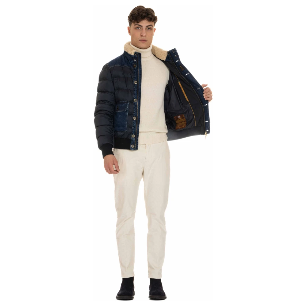 Moorer Blauwe Puffer Bomber met Denim Details Blue Heren