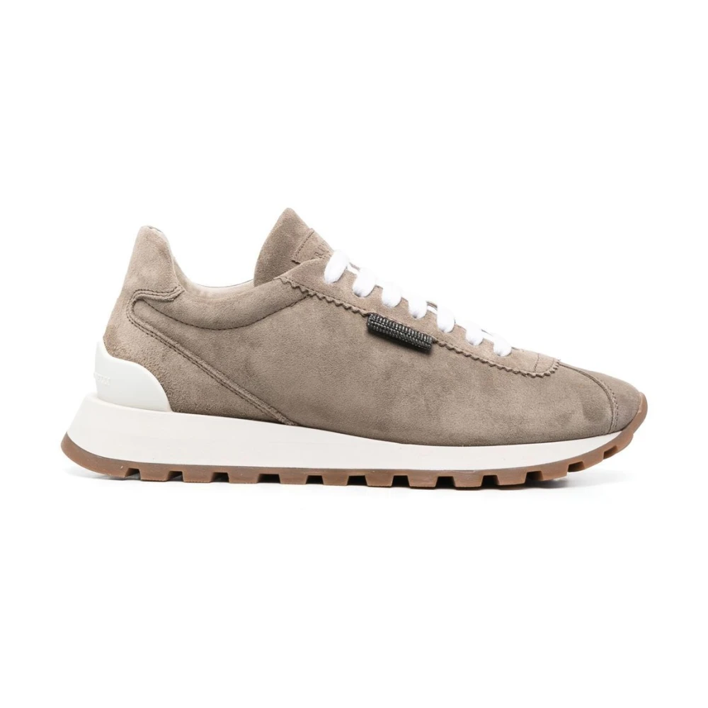 Brunello Cucinelli Gray Sneakers, Female, 7 Uk, Grey Suede Trainers With Monili Tab