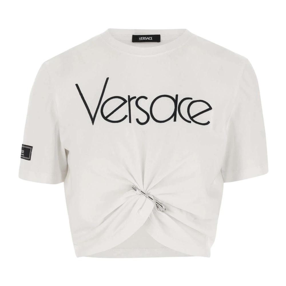 Versace Katoenen T-shirt met Logo Print White Dames
