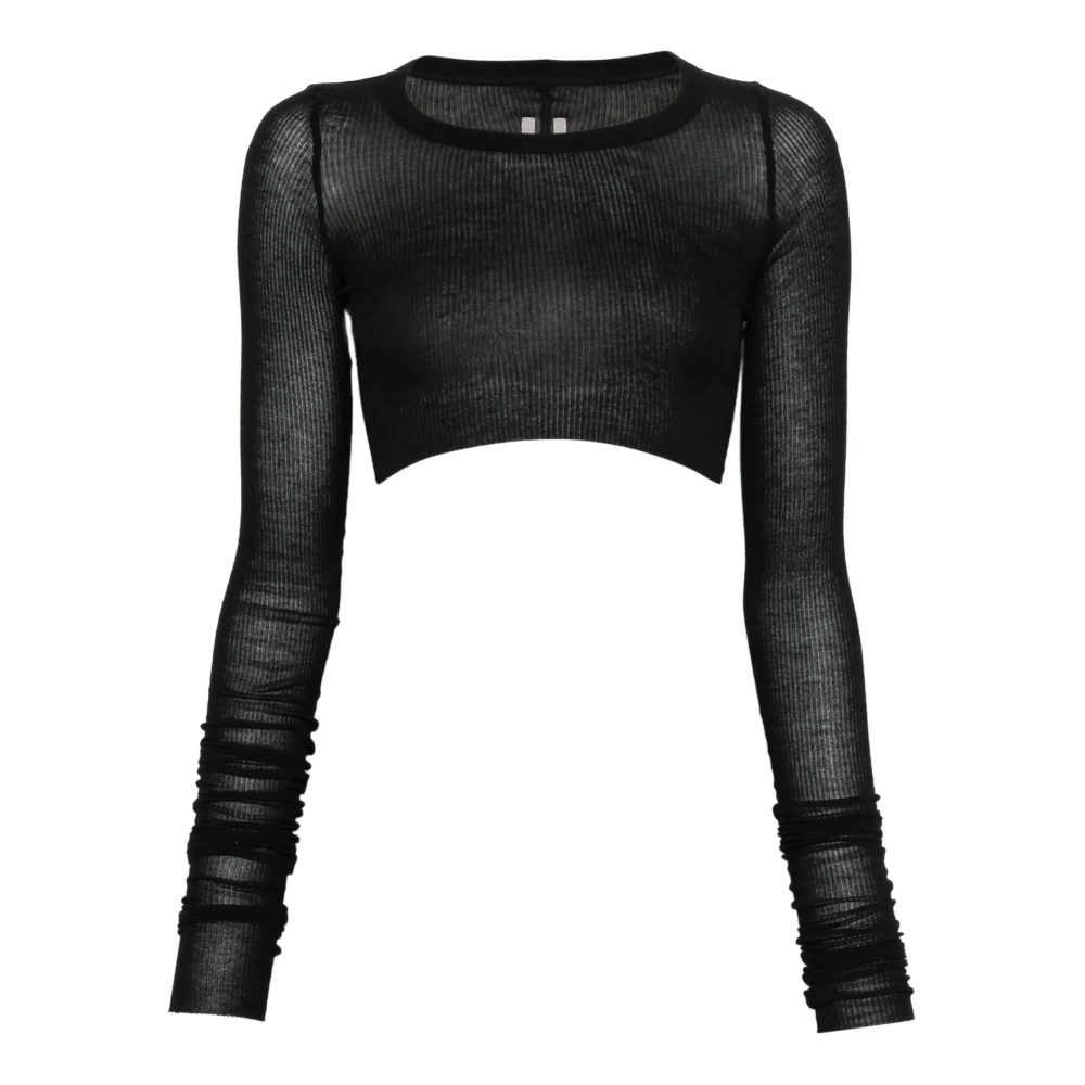 Rick Owens Black Long Sleeve T-Shirts, Female, L, Cropped Rib Long Sleeve Tee