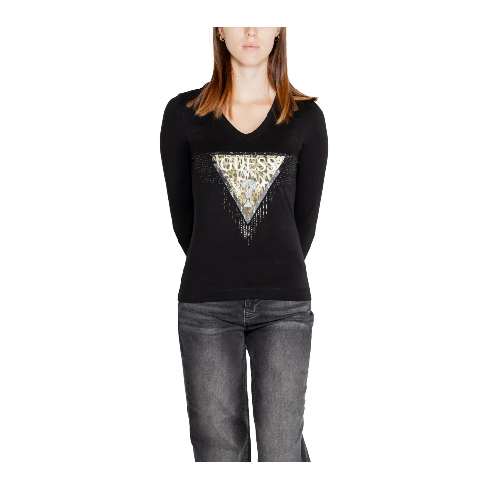 Guess Lange Mouw T-shirt met Strass Detail Black Dames