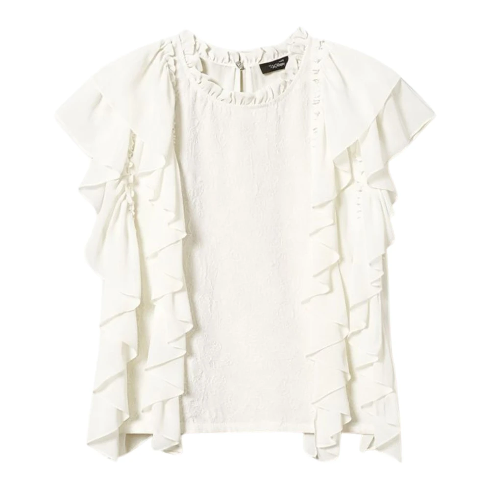 Twinset Women's White Blouses, Xs, Muslin Blouse With Ruffle And Embroidery