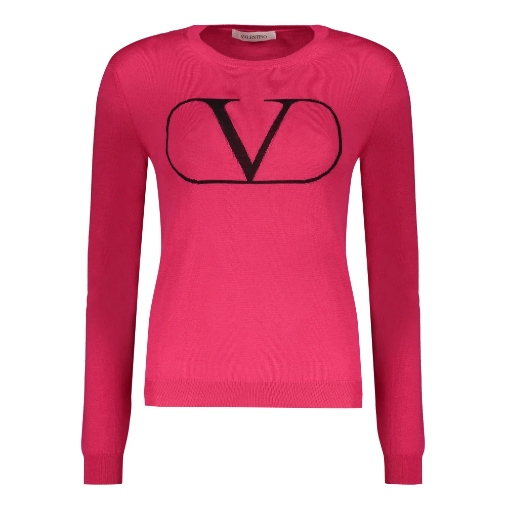 Valentino Garavani Räfflad crew-neck tröja med logodetalj Pink, Dam