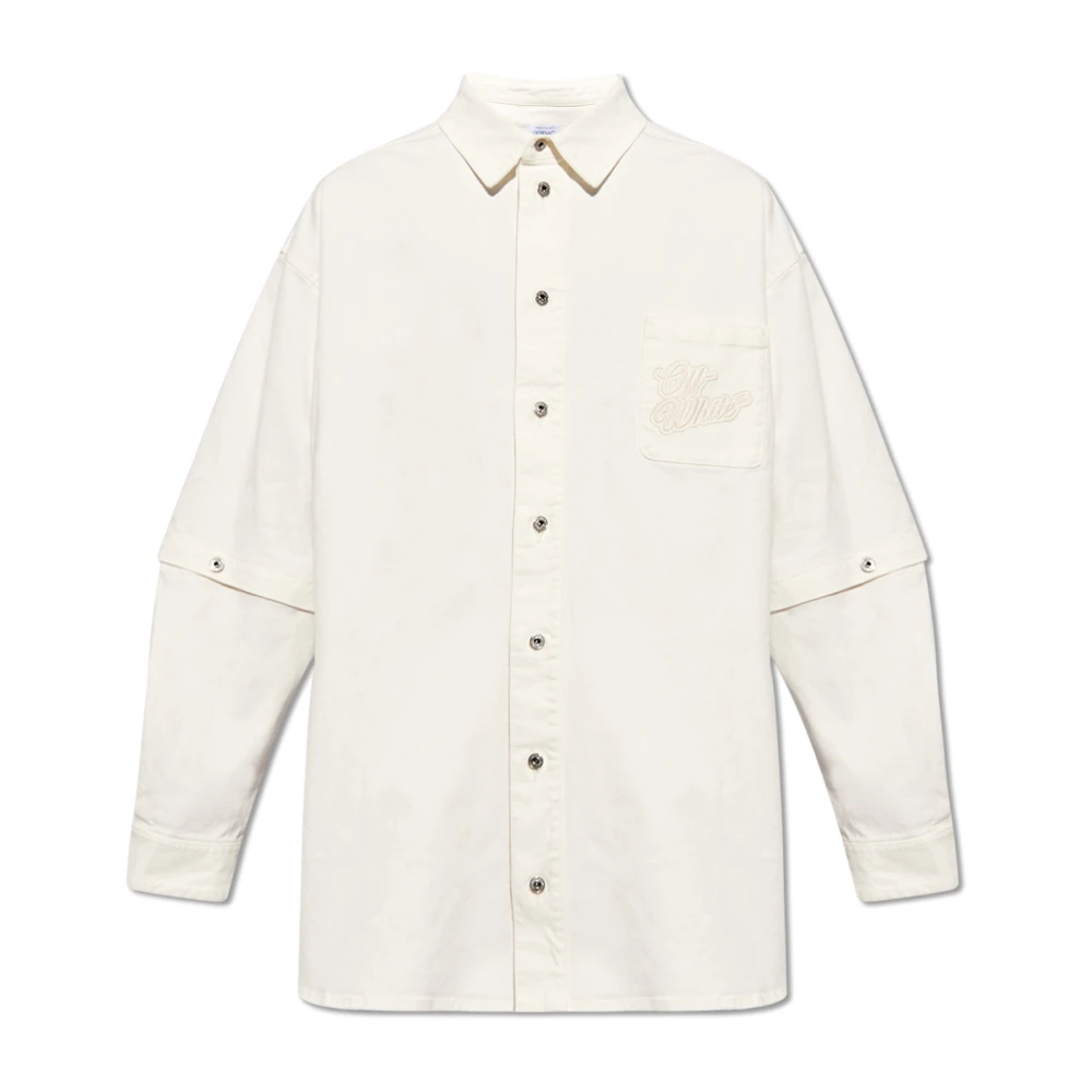 Off White Men's Beige Denim Shirt With Logo - Denim Shirts - S - Shirts