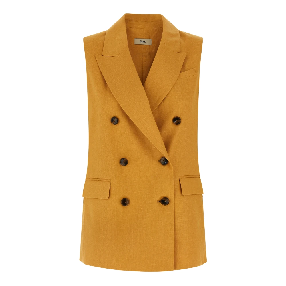 Herno Women's Yellow Double-Breasted Linen Vest - Blazers - L - Jackets