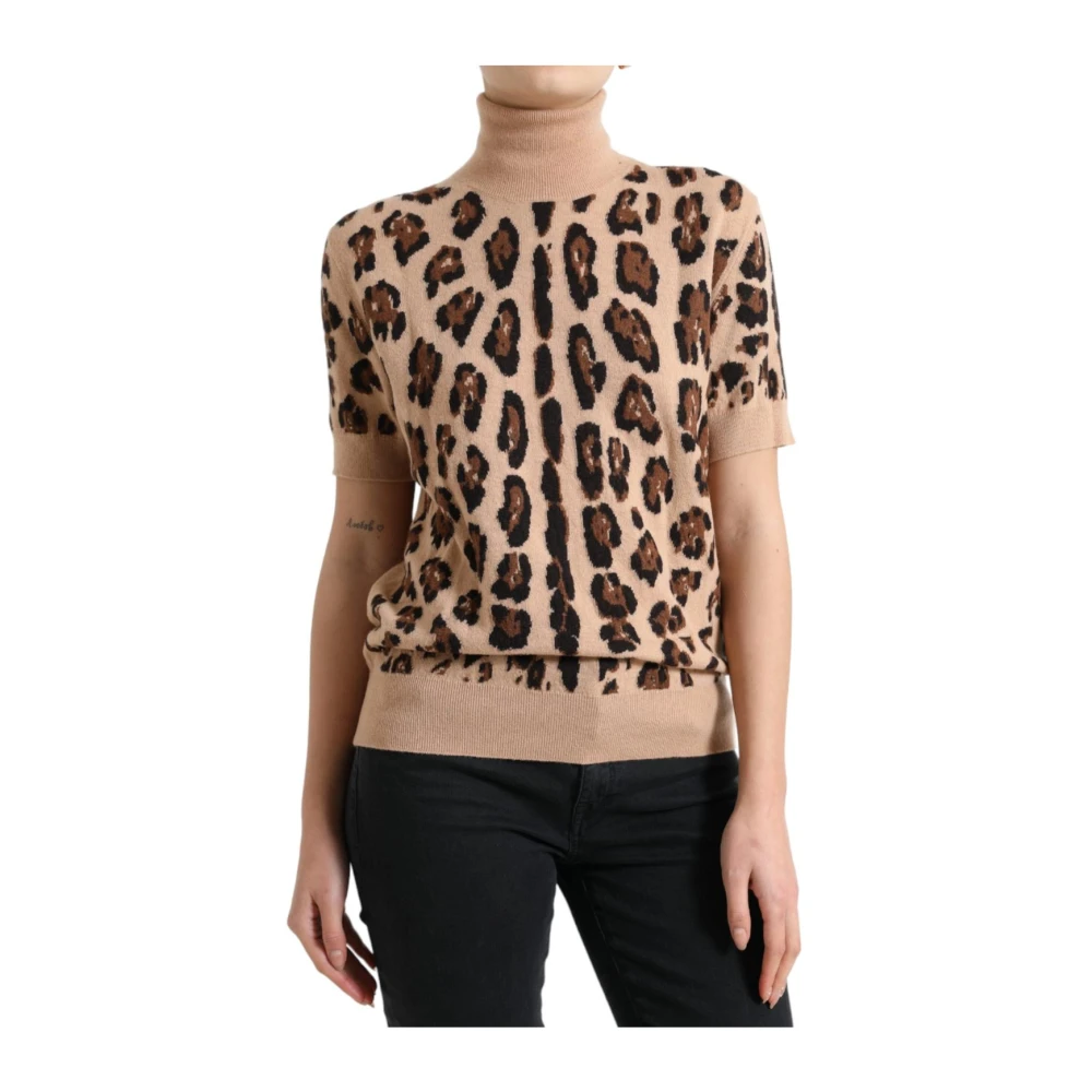 Dolce & Gabbana Women's Beige Leopard Print Wool Turtleneck Top
